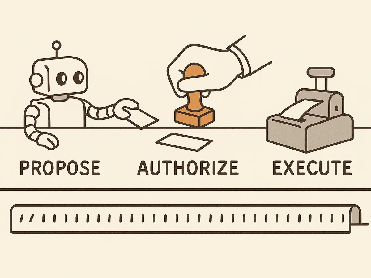 A robot slides a slip across a desk, a hand with a stamp hovers over it, and the slip drops into a slot on a small machine; a ledger strip below records tick marks.