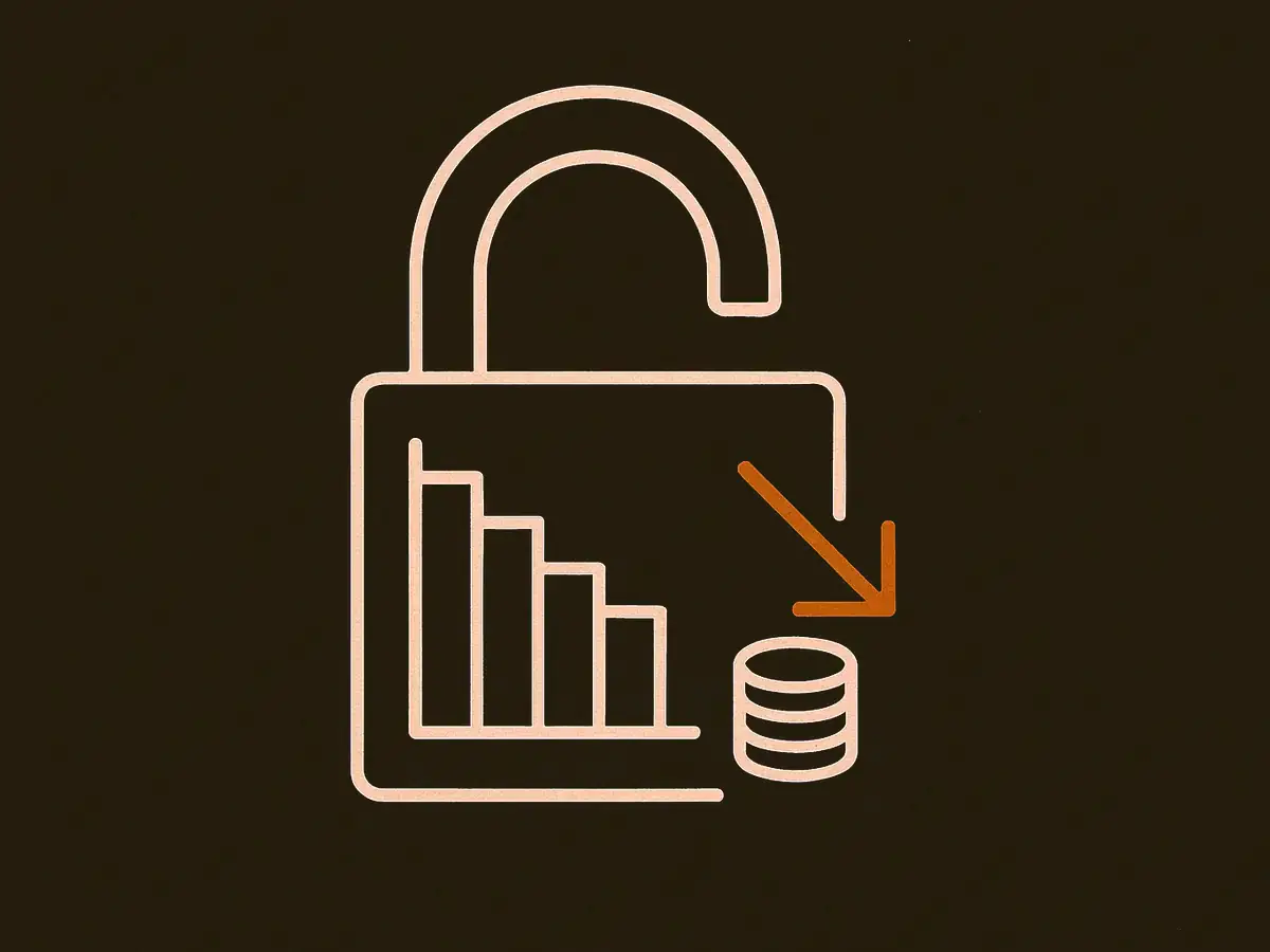 A large open padlock outline. Inside it, a small bar chart of five bars, and beside the chart a short stack of coins with an arrow pointing down.