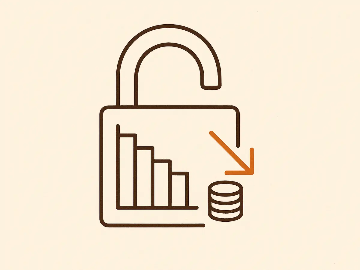 A large open padlock outline. Inside it, a small bar chart of five bars, and beside the chart a short stack of coins with an arrow pointing down.