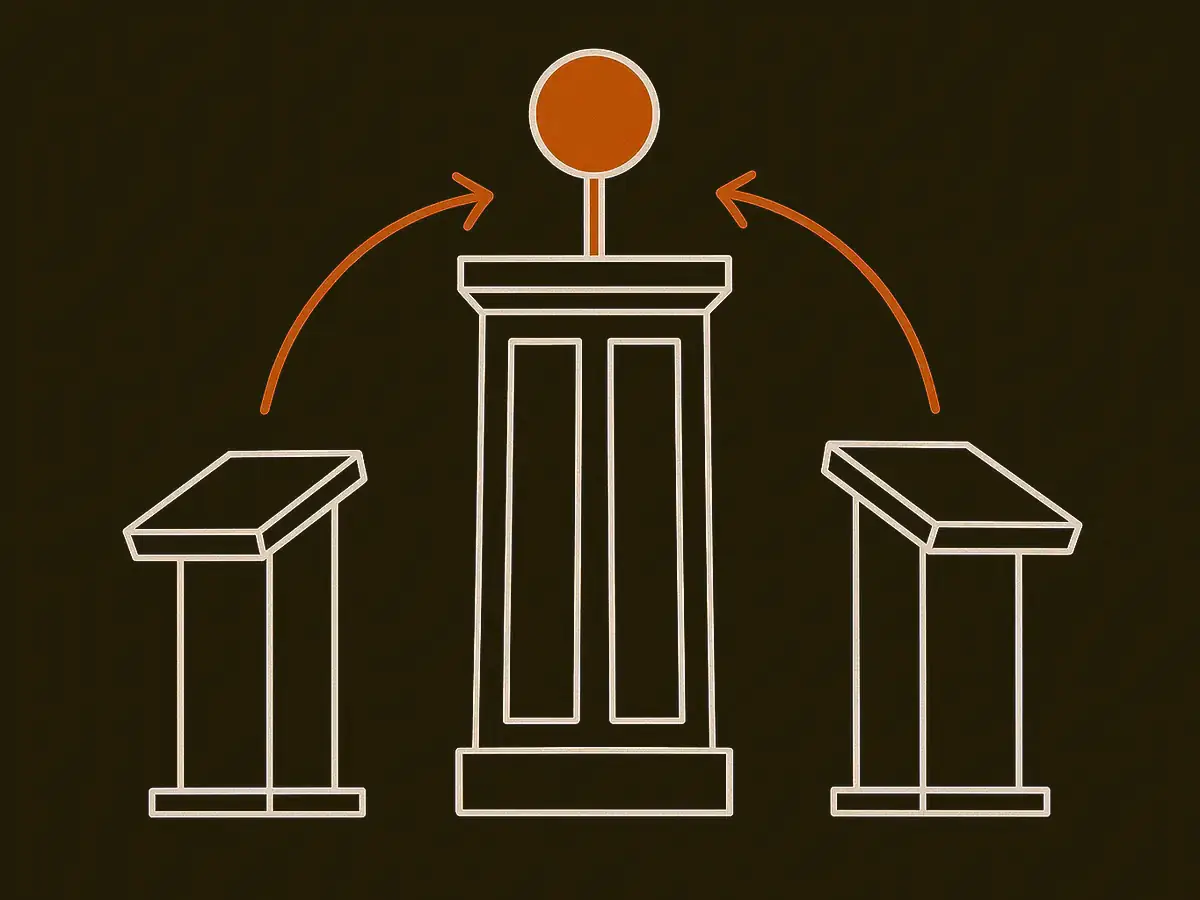 A judge's podium between two facing lecterns, with an arrow arcing from each lectern toward the podium and a scoring paddle resting on top.