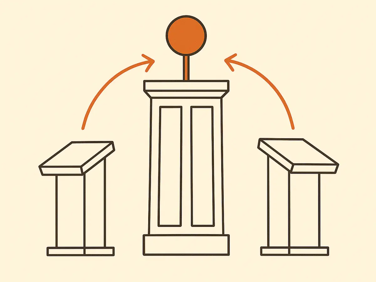 A judge's podium between two facing lecterns, with an arrow arcing from each lectern toward the podium and a scoring paddle resting on top.