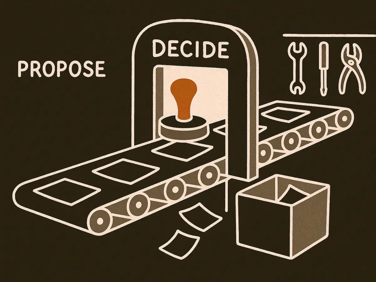 Paper slips on a conveyor approach a heavy gate with a stamping station; approved slips continue toward a rack of hanging tools while rejected slips fall into a bin.