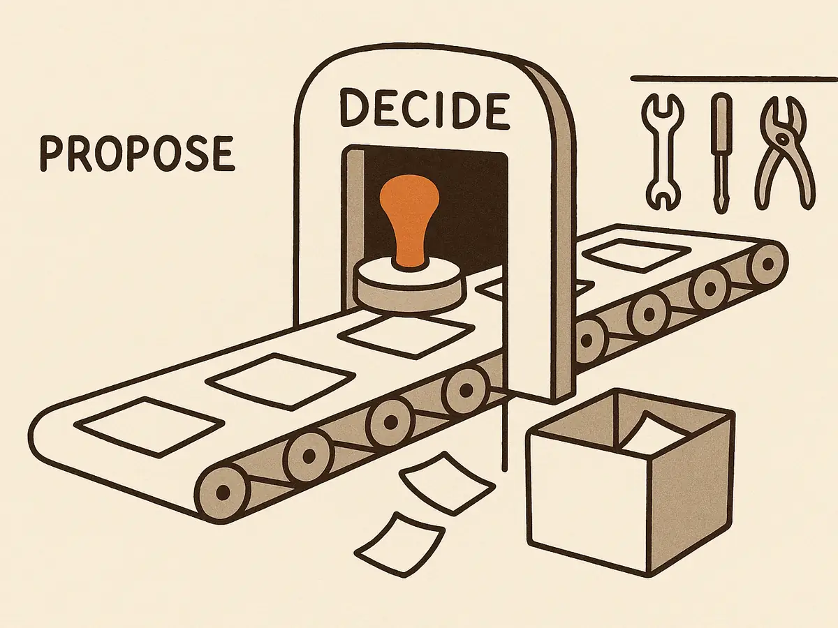 Paper slips on a conveyor approach a heavy gate with a stamping station; approved slips continue toward a rack of hanging tools while rejected slips fall into a bin.