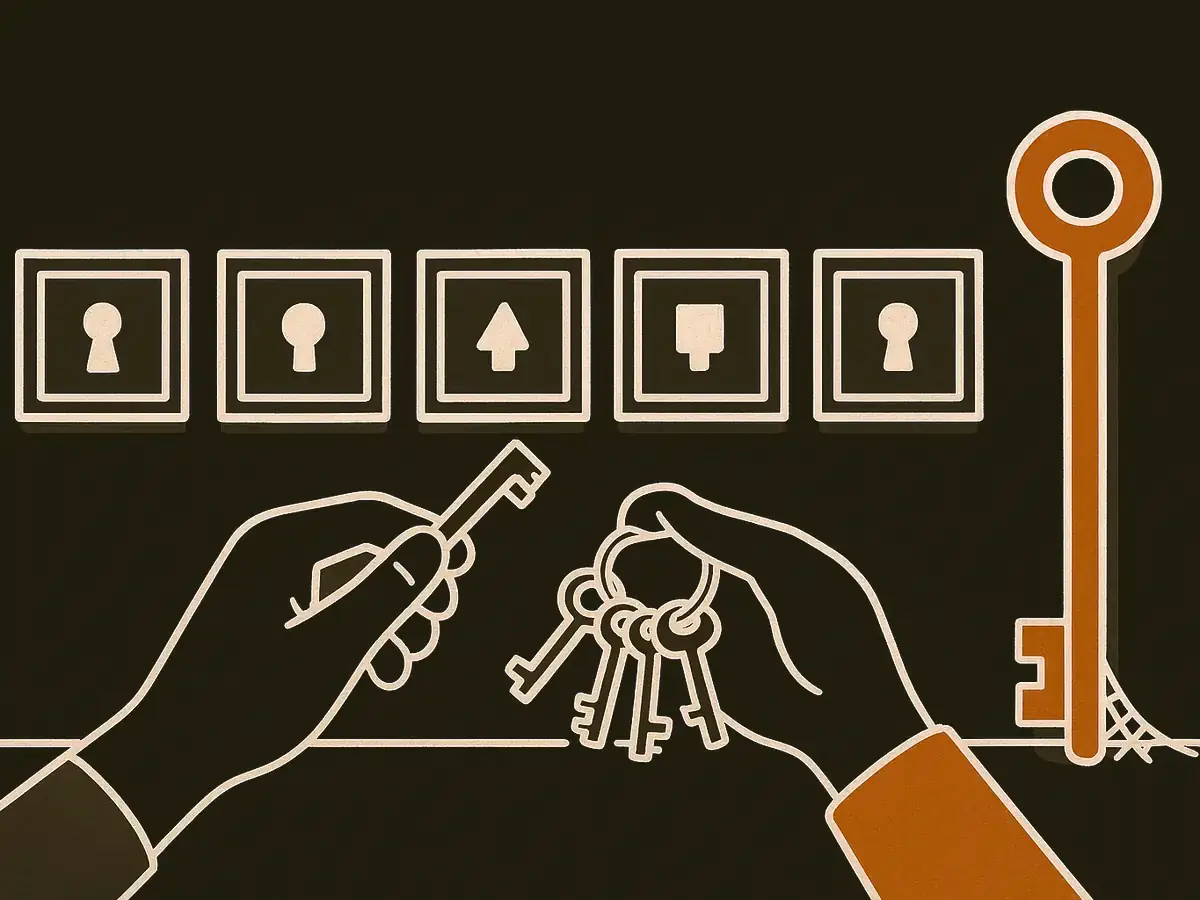 Five small locked hatches in a row on a wall. A hand extends one small key from a ring of five toward a hatch, while a huge unused master key with a cobweb at its base leans against the wall.