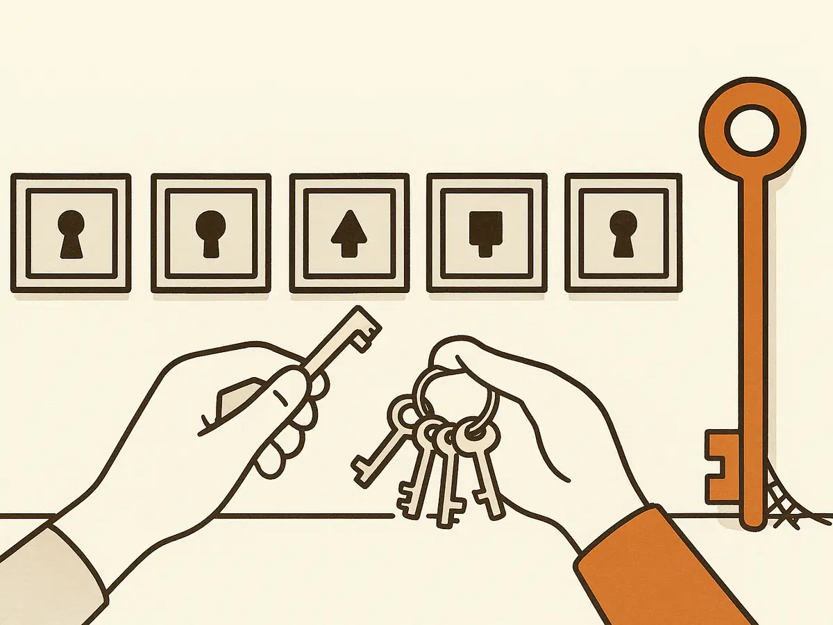 Five small locked hatches in a row on a wall. A hand extends one small key from a ring of five toward a hatch, while a huge unused master key with a cobweb at its base leans against the wall.