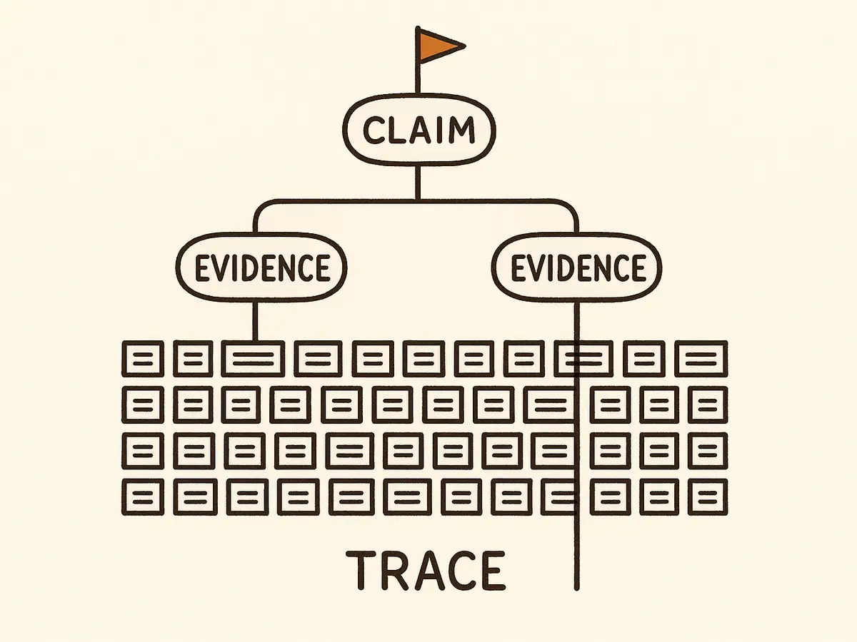 Three stacked layers: many small cards at the bottom, a few round grouping nodes in the middle, and one flag-topped node above, with connecting lines and one heavier path running from top to bottom.