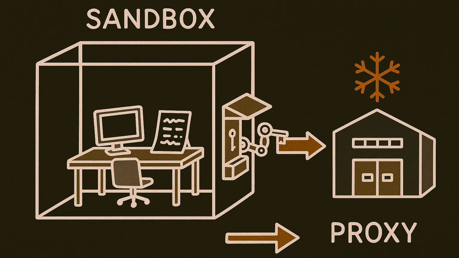 A transparent box containing a computer and a code-covered paper. An arrow exits through a slot, passes a guard booth outside the box where a mechanical arm adds a key to it, then continues to a warehouse marked with a snowflake. The only key hangs inside the booth.