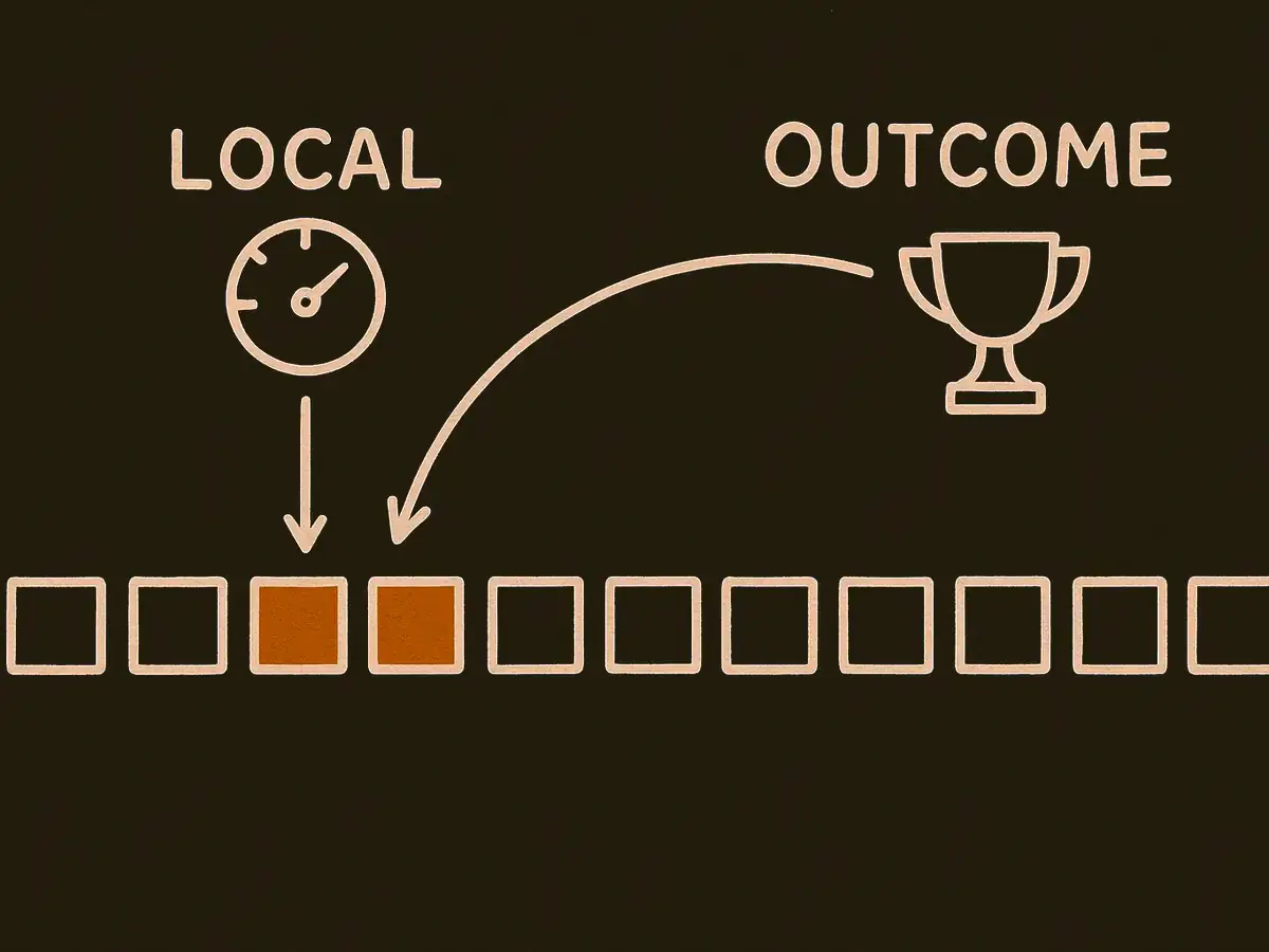 A horizontal chain of small squares with three shaded in the middle. A long arrow from a trophy on the right spans the unshaded squares; a short arrow from a dial above points only at the shaded ones.