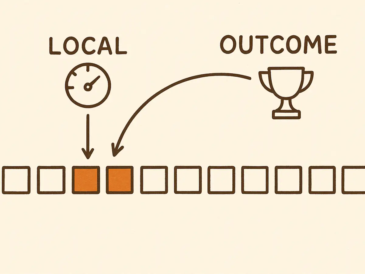 A horizontal chain of small squares with three shaded in the middle. A long arrow from a trophy on the right spans the unshaded squares; a short arrow from a dial above points only at the shaded ones.