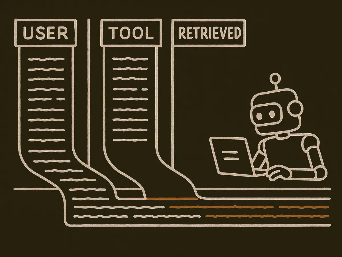 Three walled lanes of text merging into one open trough where the flows mix; a robot examines the merged stream after the walls end.