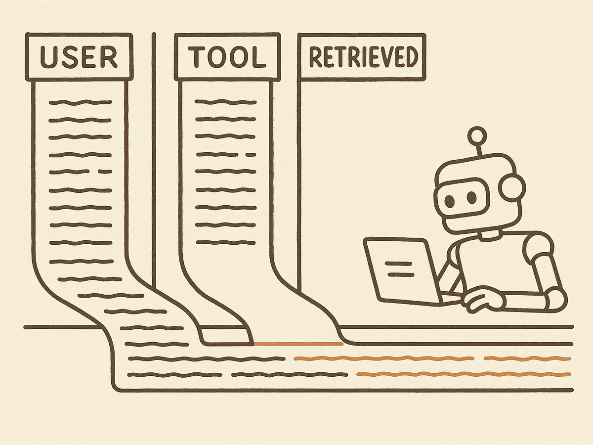 Three walled lanes of text merging into one open trough where the flows mix; a robot examines the merged stream after the walls end.