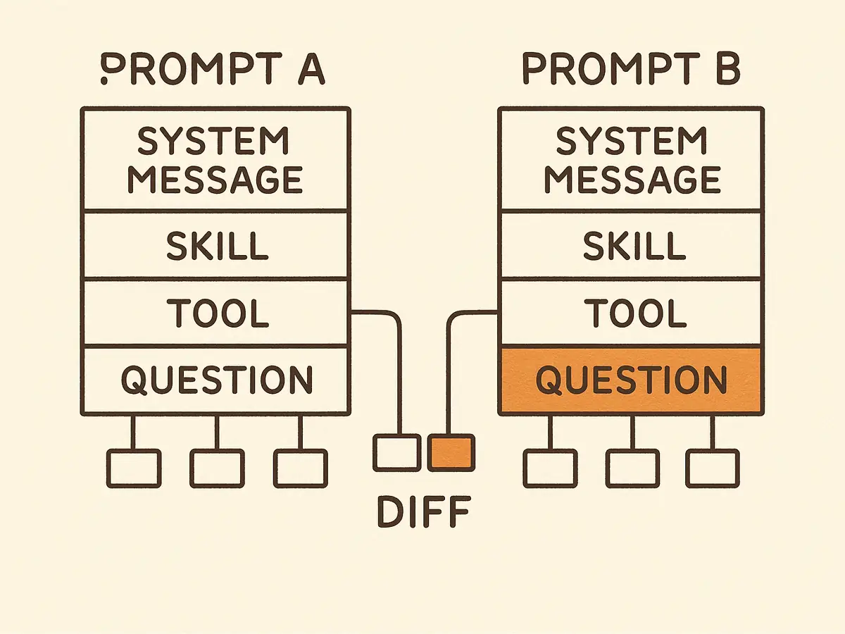 Two matching stacks of labeled blocks joined by thin lines to a shared store of small tags; one differing pair of blocks is highlighted and bracketed together.