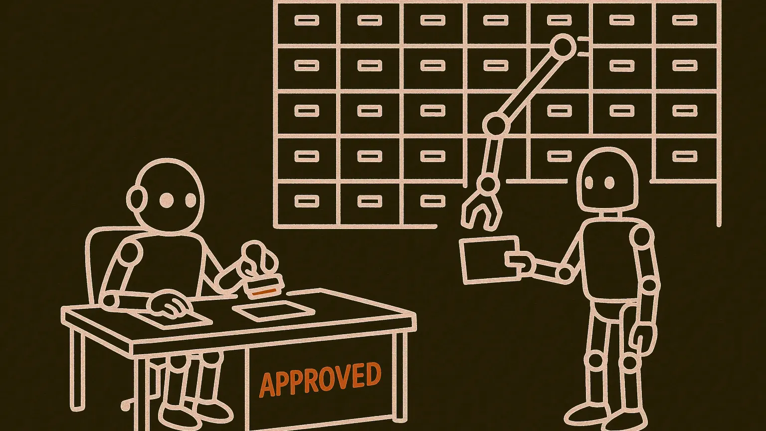 A wall of small filing drawers behind a checkpoint desk. A guard robot stamps a queue of identical index cards approved while a mechanical arm hands one retrieved card to a second robot.