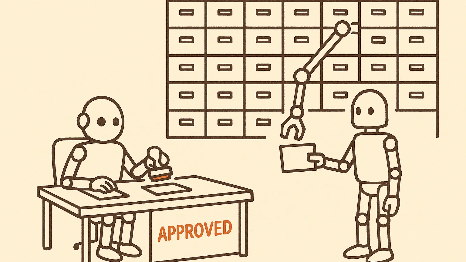 A wall of small filing drawers behind a checkpoint desk. A guard robot stamps a queue of identical index cards approved while a mechanical arm hands one retrieved card to a second robot.