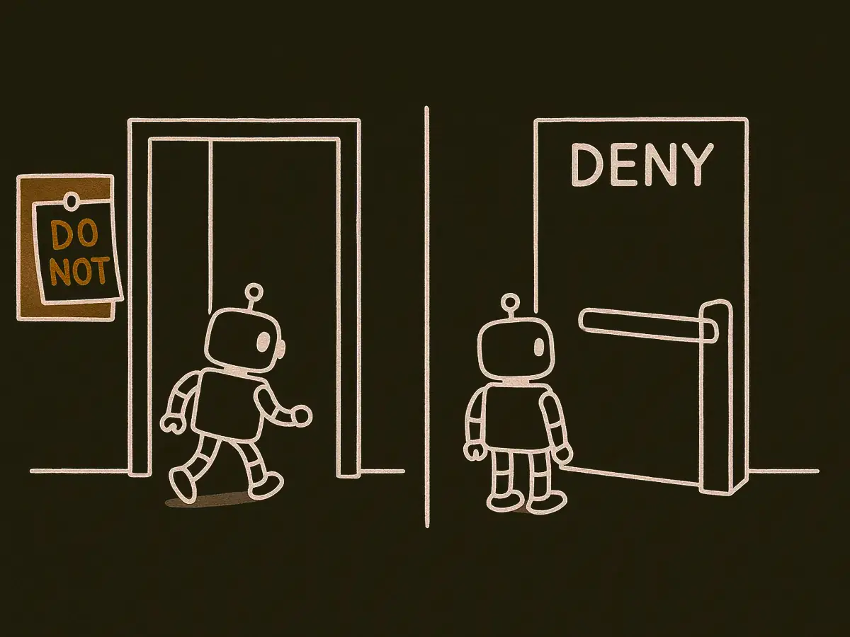 Two doorways side by side: one open with a pinned note beside it and a small robot walking through, one blocked by a turnstile bar with the robot stopped in front.