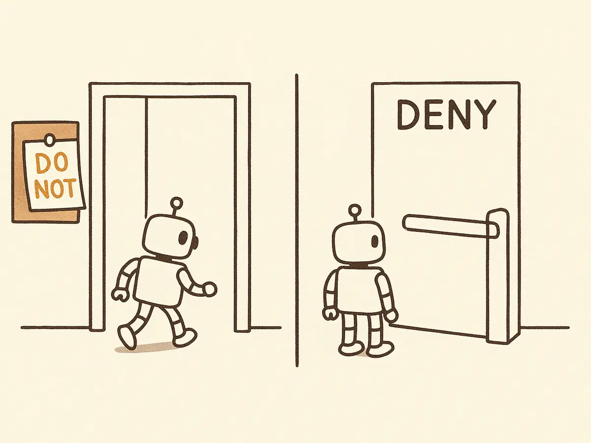 Two doorways side by side: one open with a pinned note beside it and a small robot walking through, one blocked by a turnstile bar with the robot stopped in front.