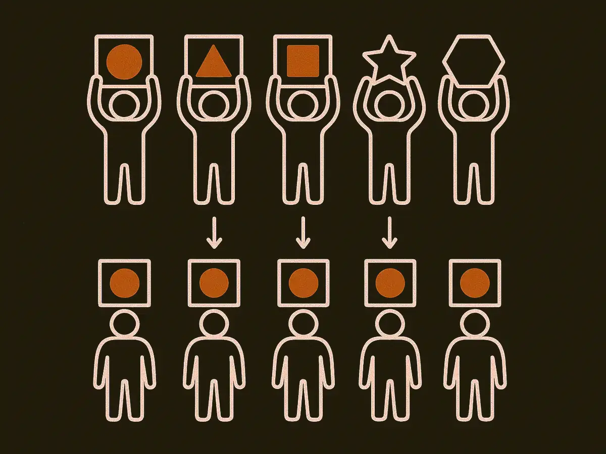Two rows of five figures holding cards; in the top row the cards show five different shapes, in the bottom row all five cards show the same circle.