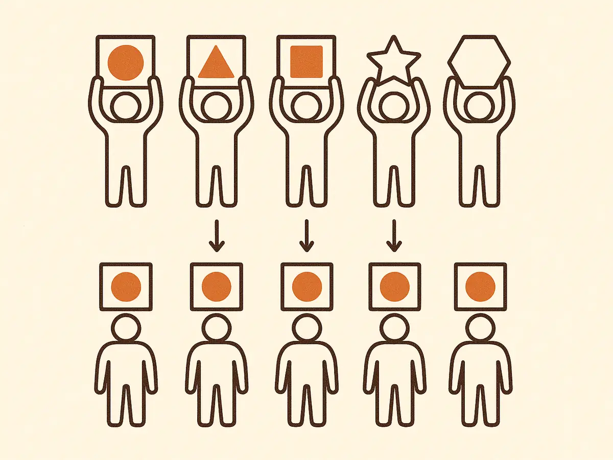 Two rows of five figures holding cards; in the top row the cards show five different shapes, in the bottom row all five cards show the same circle.