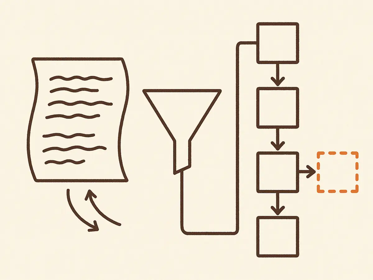 A scribbled handwritten page feeds into a funnel; a neat flowchart of five boxes, one drawn with a dotted outline, comes out the other side.