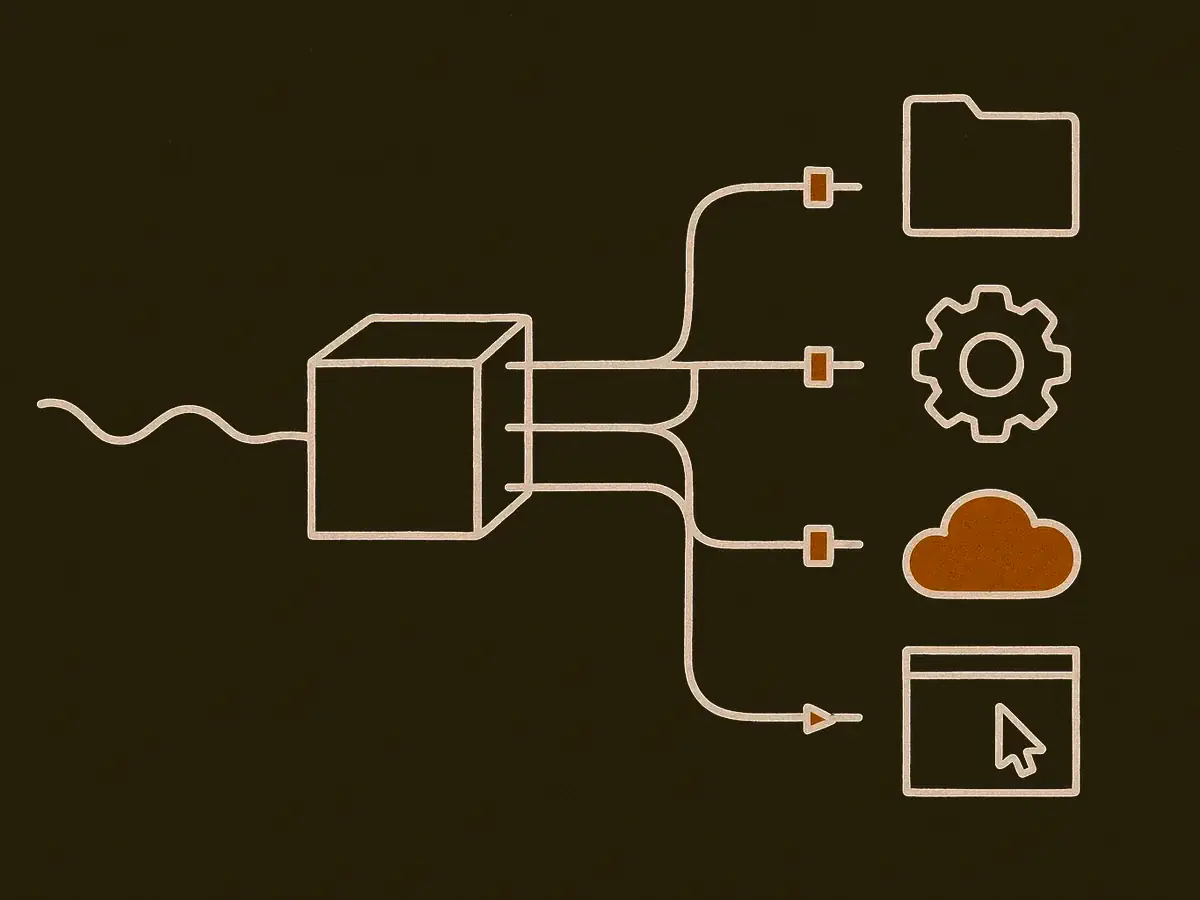 A wavy line enters a sorting box; four straight lines leave it through small hinged gates toward a folder, a gear, a cloud, and a window, with three gates shut and one open.