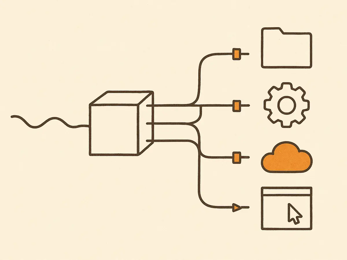 A wavy line enters a sorting box; four straight lines leave it through small hinged gates toward a folder, a gear, a cloud, and a window, with three gates shut and one open.