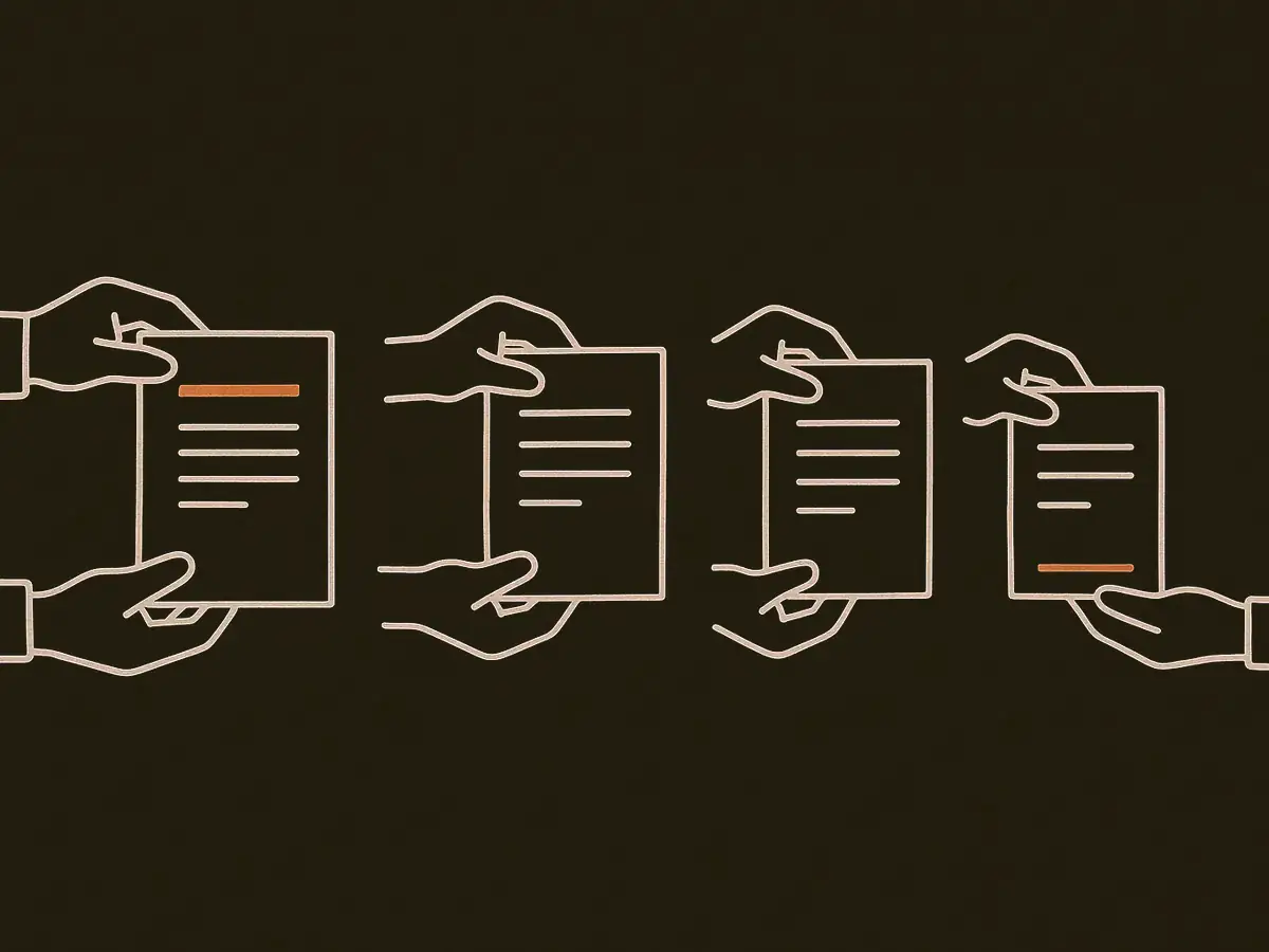 Four sheets of paper passed hand to hand from left to right; a bold top line on the first sheet gets smaller and sinks lower on each copy until it is a faint footnote on the last.