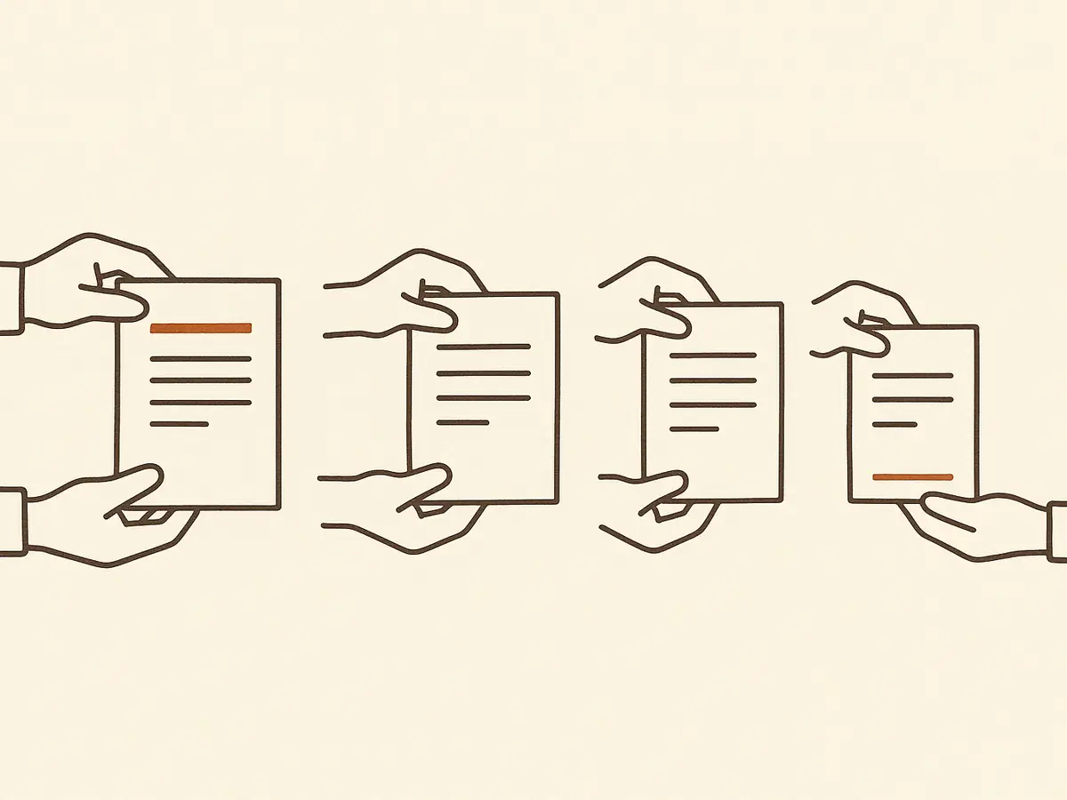 Four sheets of paper passed hand to hand from left to right; a bold top line on the first sheet gets smaller and sinks lower on each copy until it is a faint footnote on the last.
