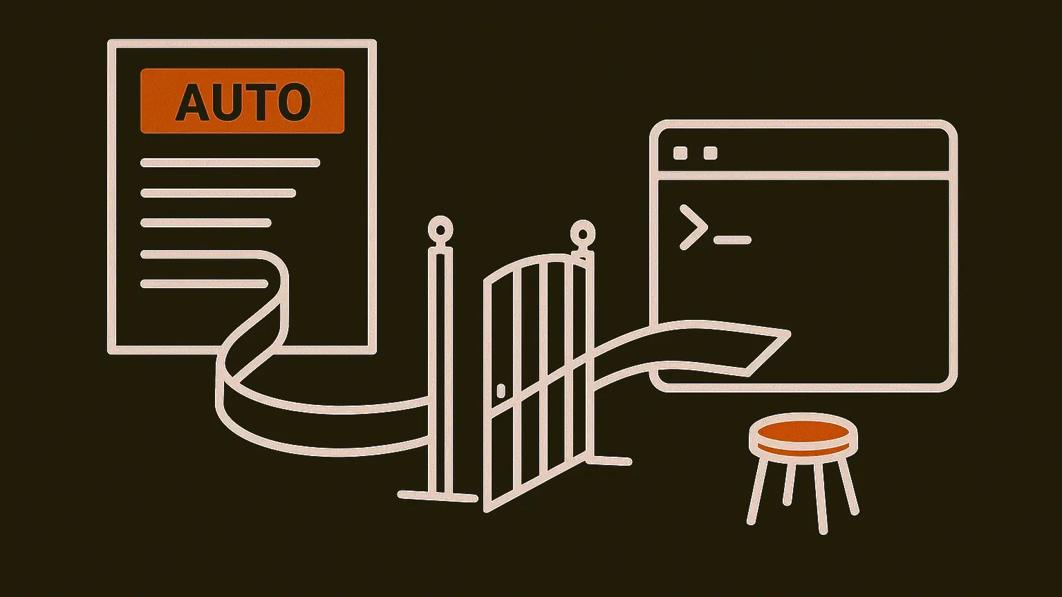 A web page on the left, a ribbon of its text passing through an open gate with an empty stool beside it, ending as the prompt line inside a terminal window on the right.