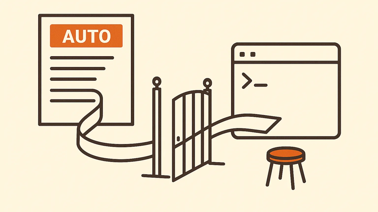 A web page on the left, a ribbon of its text passing through an open gate with an empty stool beside it, ending as the prompt line inside a terminal window on the right.