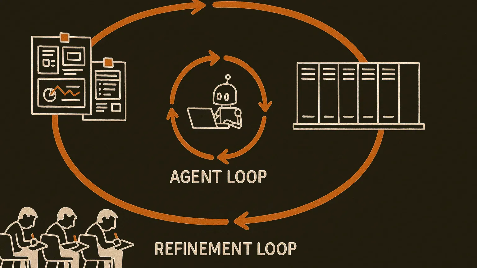A diagram of two nested loops: a small loop circles a robot at a desk, and a much larger loop around it runs through pinned screenshots, a shelf of procedure cards, and small figures making corrections.