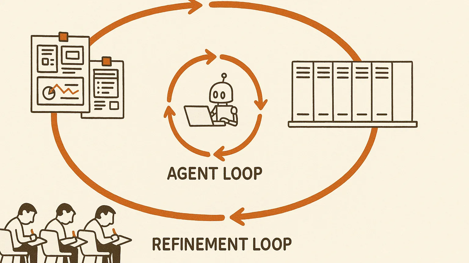 A diagram of two nested loops: a small loop circles a robot at a desk, and a much larger loop around it runs through pinned screenshots, a shelf of procedure cards, and small figures making corrections.