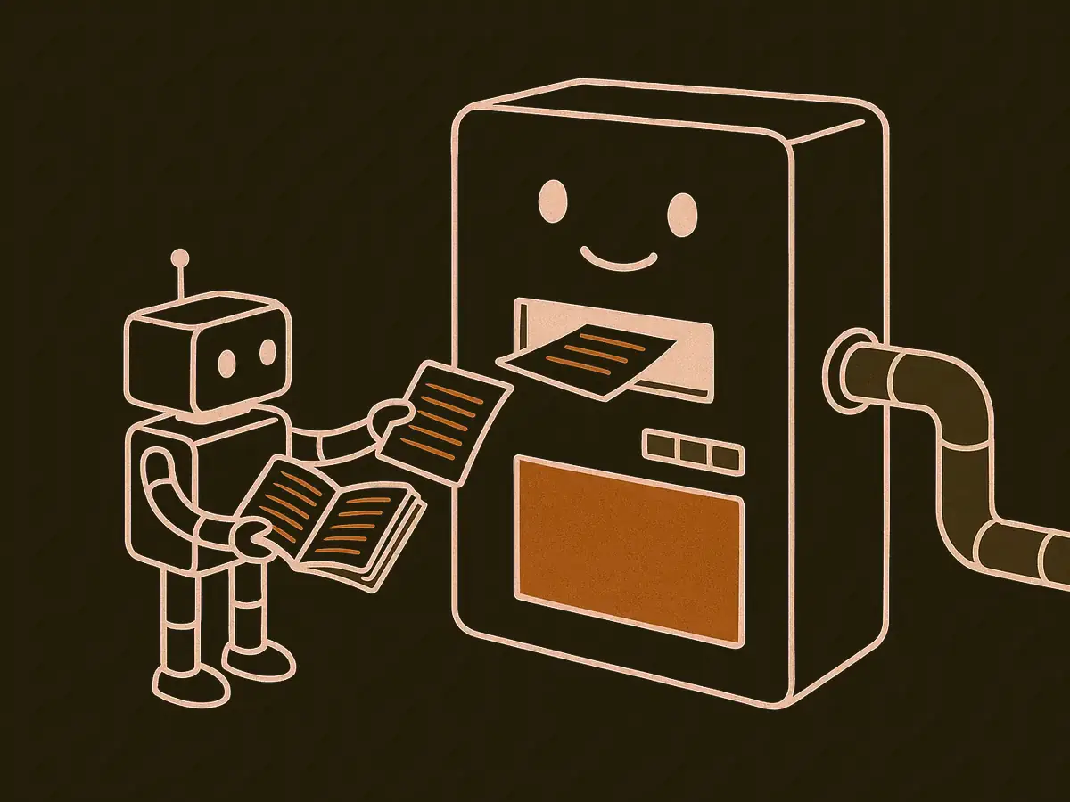 A robot feeds pages from its own notebook into the slot of a friendly-looking machine while a pipe behind the machine carries the pages out through a hole in the wall.