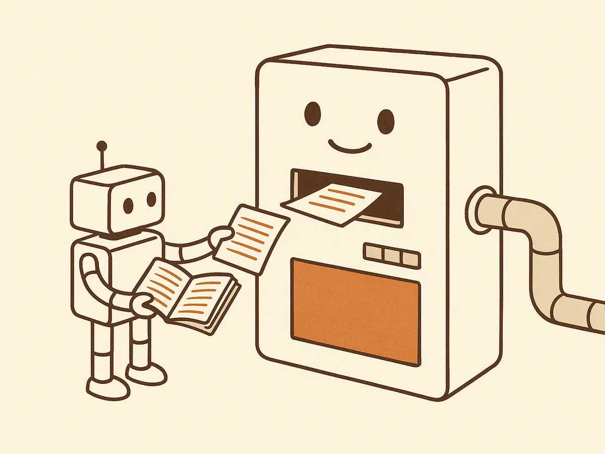 A robot feeds pages from its own notebook into the slot of a friendly-looking machine while a pipe behind the machine carries the pages out through a hole in the wall.