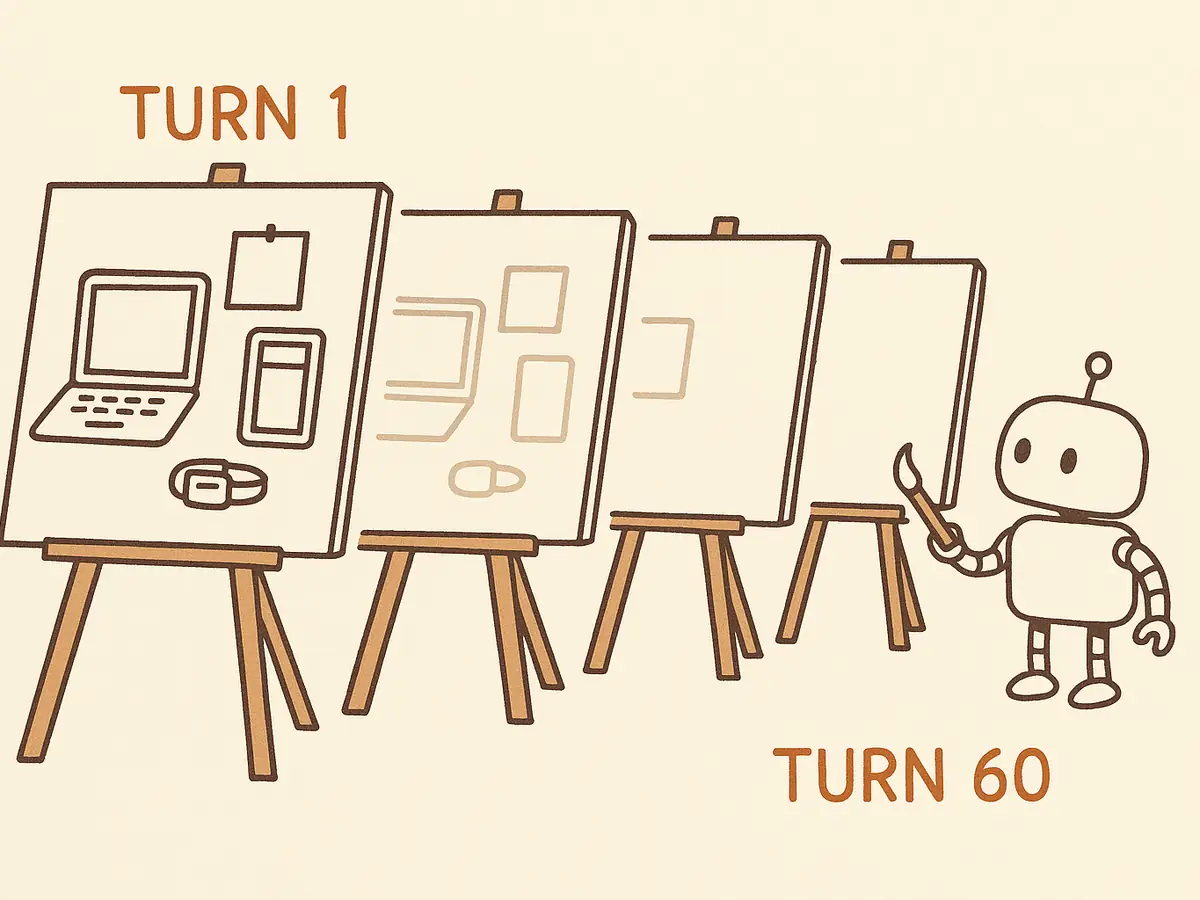 Five easels in a row each hold a copy of the previous easel's drawing, losing detail at every step until the last holds only a fragment; a small robot at the end looks back down the row.