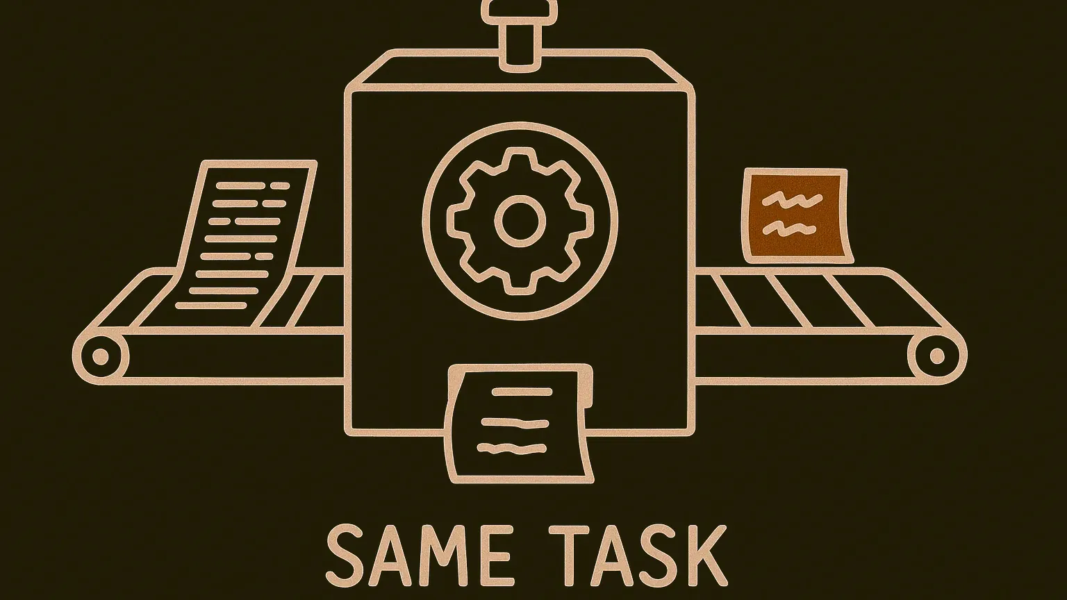 A machine with one visible gear takes in two paper slips, one long and typed, one short and crumpled, and sends out two copies of the same part, one complete and one missing a piece.
