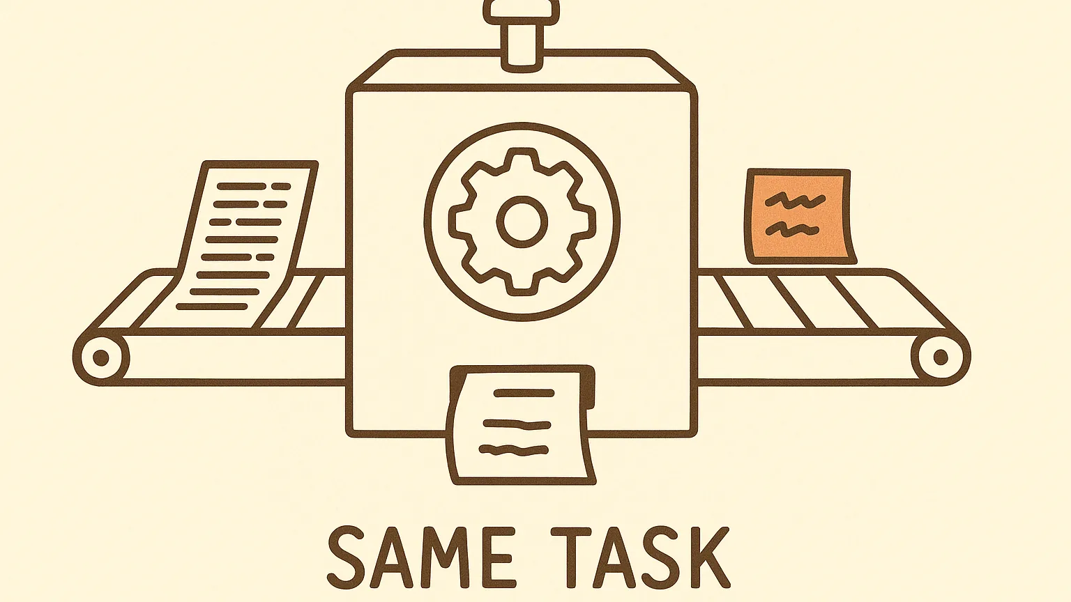 A machine with one visible gear takes in two paper slips, one long and typed, one short and crumpled, and sends out two copies of the same part, one complete and one missing a piece.