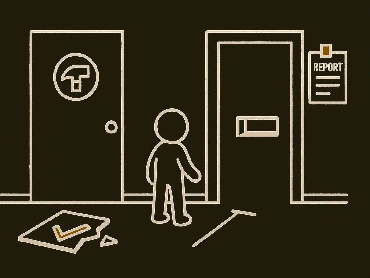 A small figure in a corridor faces a cracked test panel on the floor. Two doors stand ahead, one marked with a hammer and one an open hatch with a report slot. The figure turns toward the hatch.