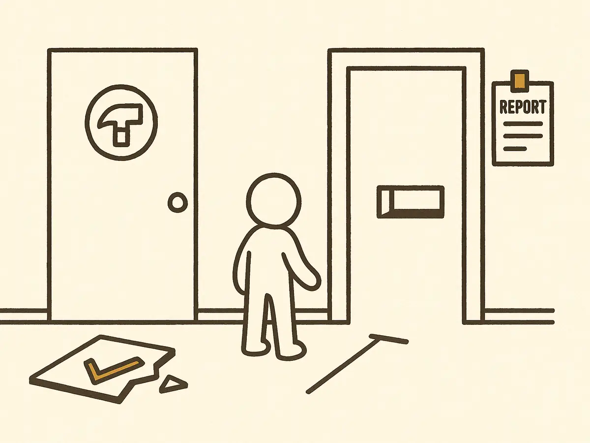 A small figure in a corridor faces a cracked test panel on the floor. Two doors stand ahead, one marked with a hammer and one an open hatch with a report slot. The figure turns toward the hatch.