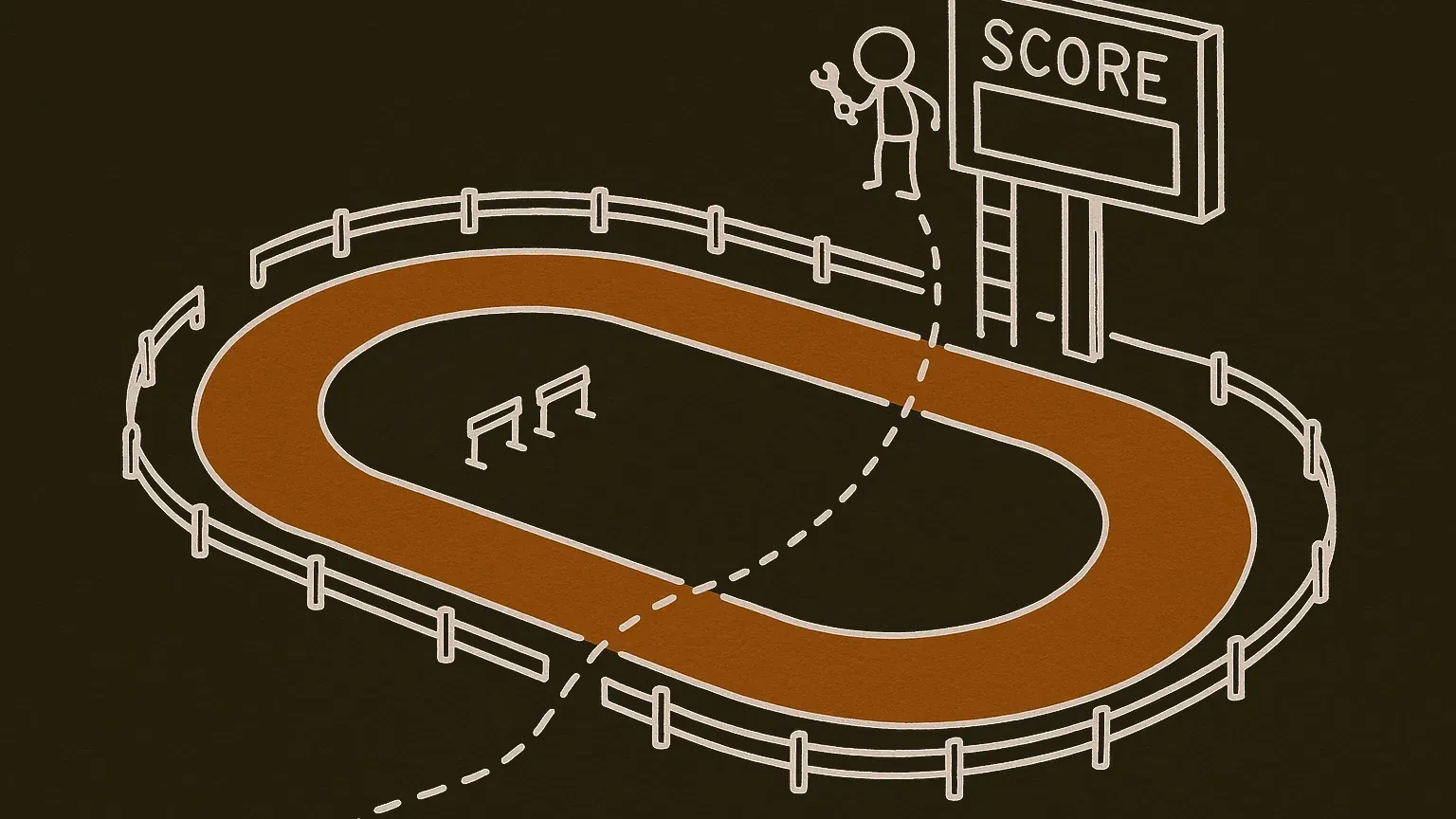 An overhead view of a looping training track with hurdles and a scoreboard at the finish. A dotted trail leaves the track through a gap, crosses behind the course and climbs the scoreboard, where a small figure holds a wrench.