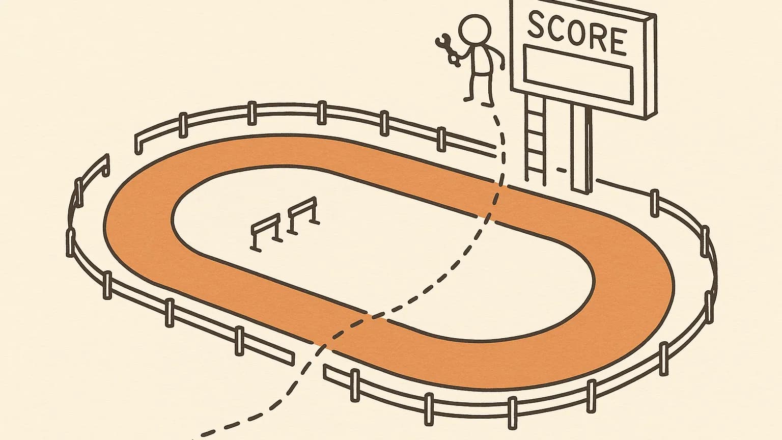 An overhead view of a looping training track with hurdles and a scoreboard at the finish. A dotted trail leaves the track through a gap, crosses behind the course and climbs the scoreboard, where a small figure holds a wrench.