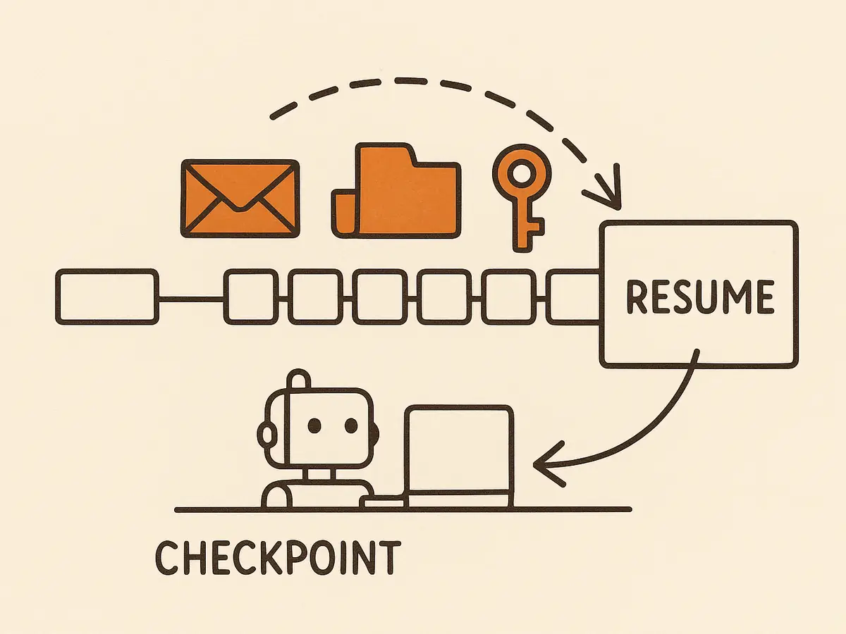 A timeline of connected boxes. One box is copied out as a card and placed further along the line. Between them sit an envelope, a folder and a key, and the card's arrows point at their old positions.