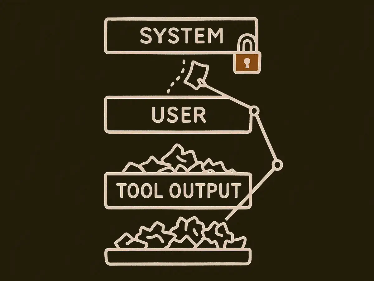 Three stacked trays. The top one is locked, the bottom one overflows with paper scraps. A mechanical arm lifts one scrap from the bottom tray and slides it into the locked top tray along a dotted path.