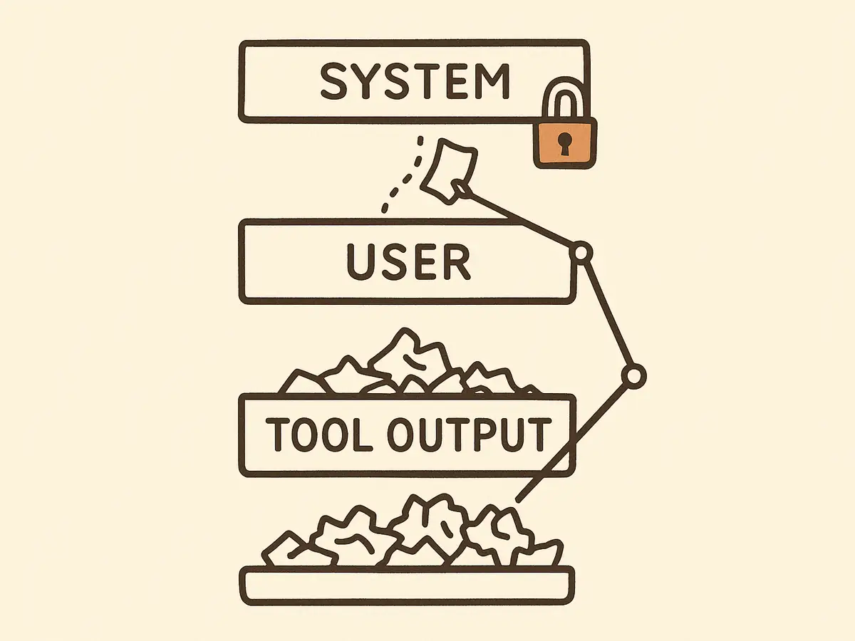 Three stacked trays. The top one is locked, the bottom one overflows with paper scraps. A mechanical arm lifts one scrap from the bottom tray and slides it into the locked top tray along a dotted path.