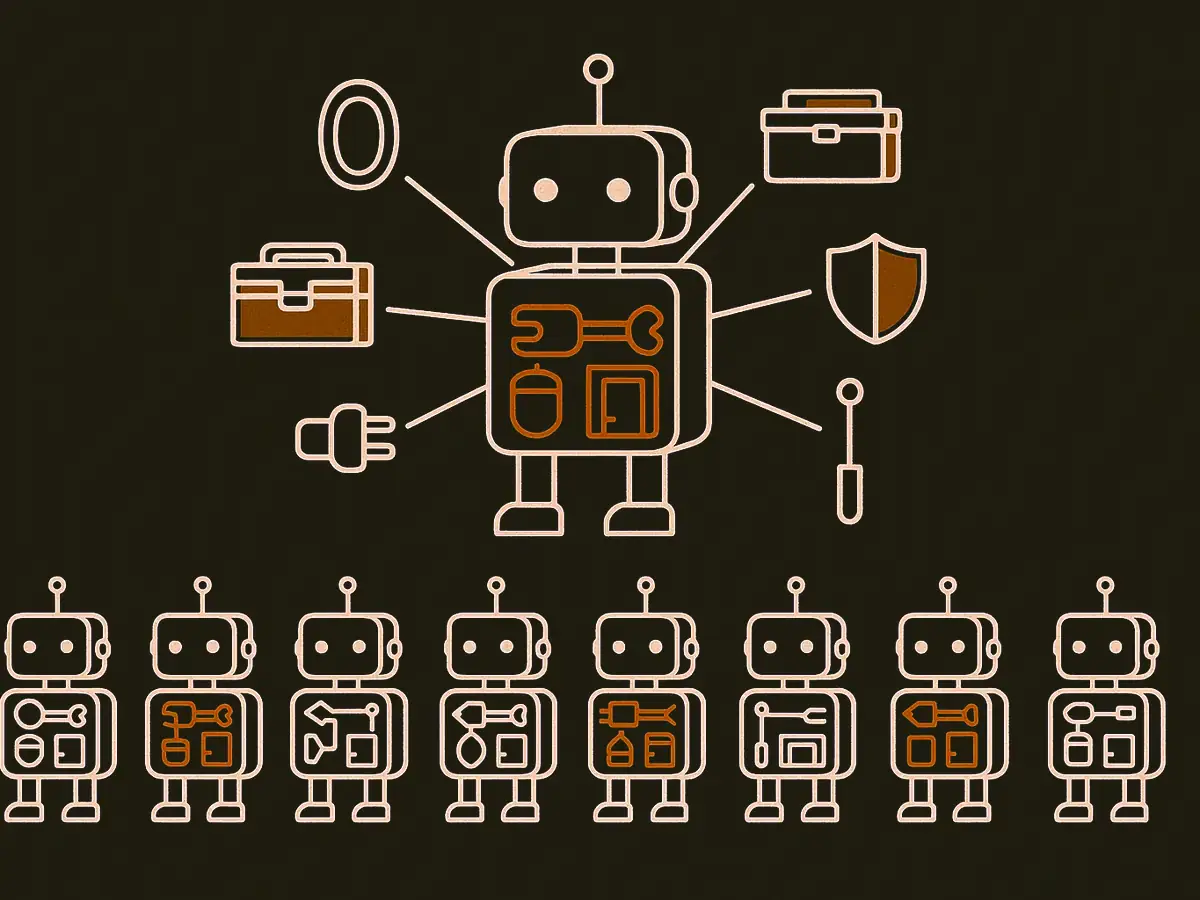 A row of eleven identical transparent machine outlines, each showing the same seven internal parts. The centre one is larger and shown as an exploded cutaway with lines linking the parts to their positions.