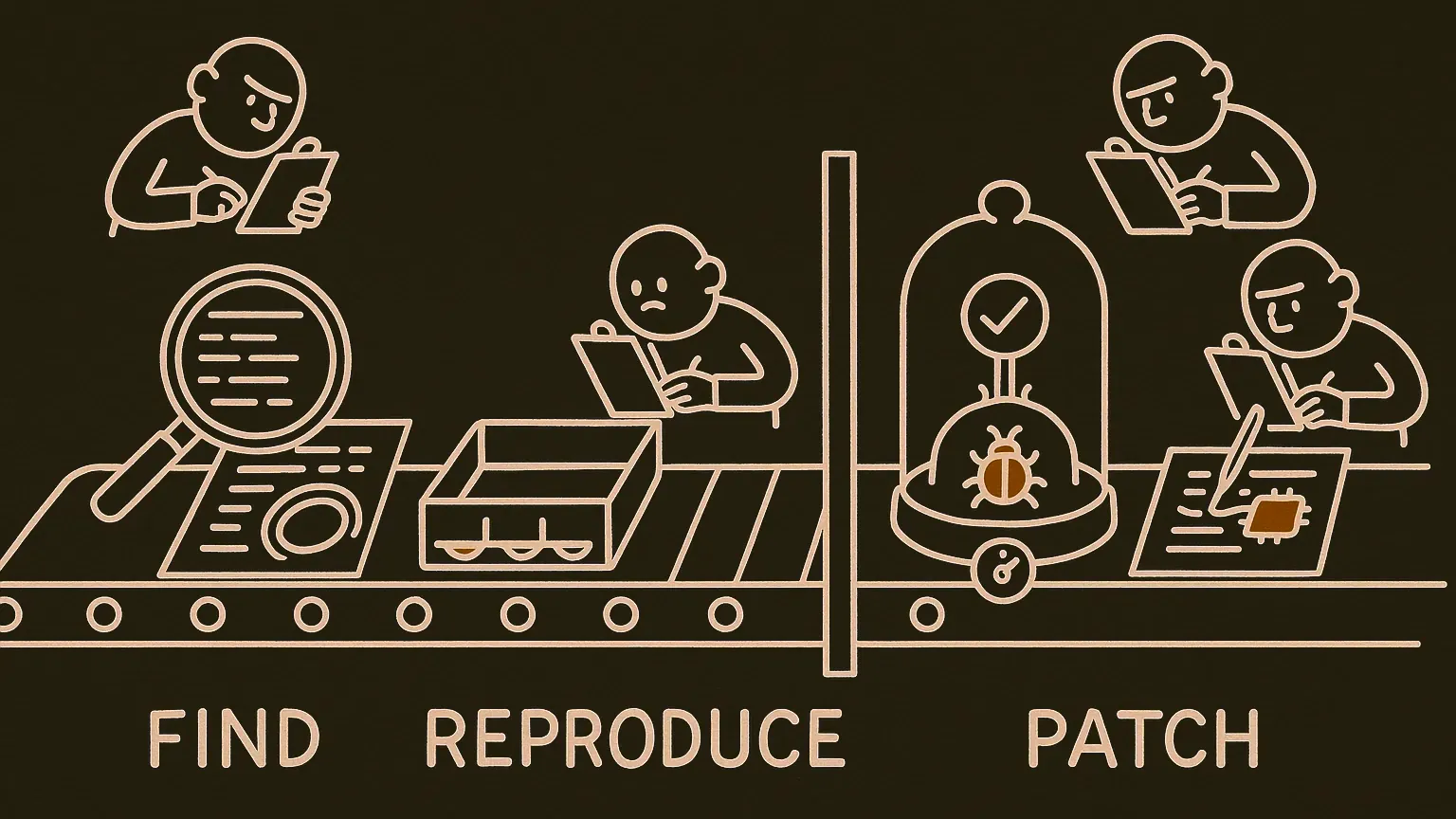 A side view of a four-station assembly line. A magnifying glass, a sorting tray, a sealed bell jar holding a beetle with a gauge, and a workbench with a patch. Small clipboard figures inspect each station from above. A gate sits between the jar and the workbench.