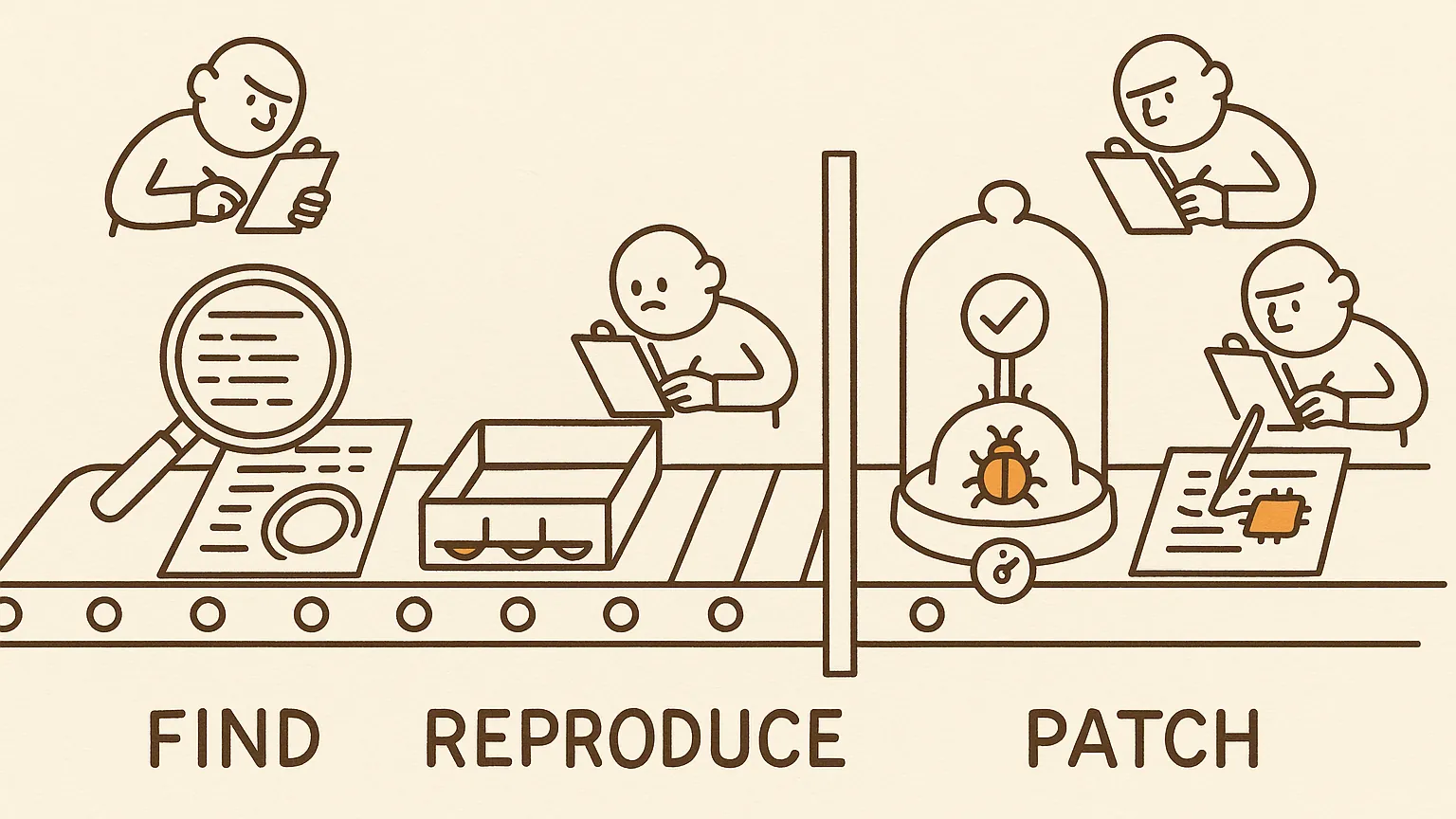 A side view of a four-station assembly line. A magnifying glass, a sorting tray, a sealed bell jar holding a beetle with a gauge, and a workbench with a patch. Small clipboard figures inspect each station from above. A gate sits between the jar and the workbench.