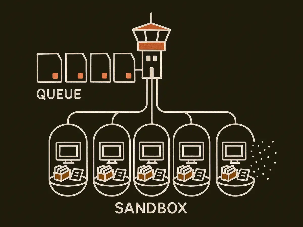 A control tower receives a queue of cards and sends lines down to four sealed capsules, each containing a tiny workbench. The last capsule is breaking apart into dots.