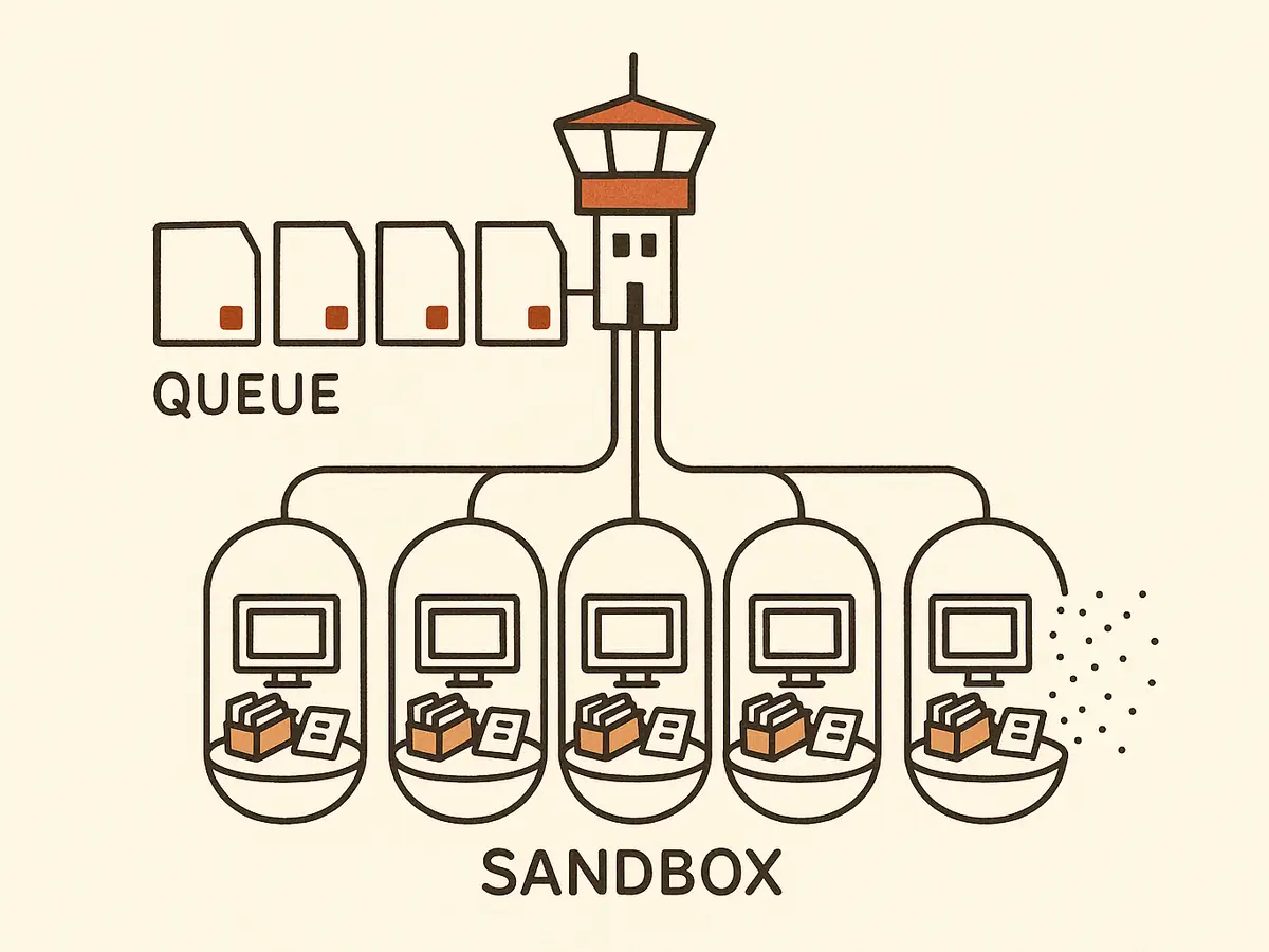 A control tower receives a queue of cards and sends lines down to four sealed capsules, each containing a tiny workbench. The last capsule is breaking apart into dots.