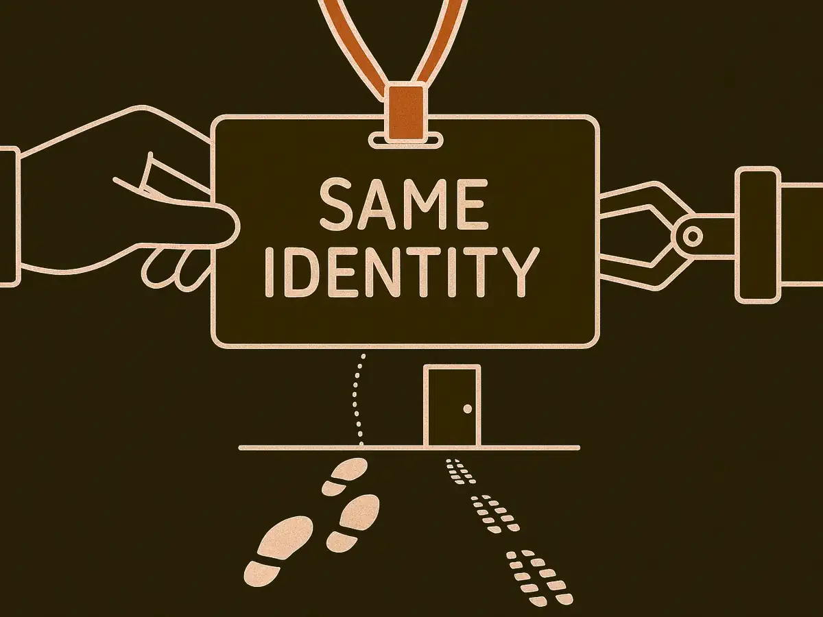 A large ID badge held by a human hand on one side and a mechanical gripper on the other. Beneath it, a trail of shoe prints and a trail of tread marks run side by side to the same door, joined by a dotted thread.