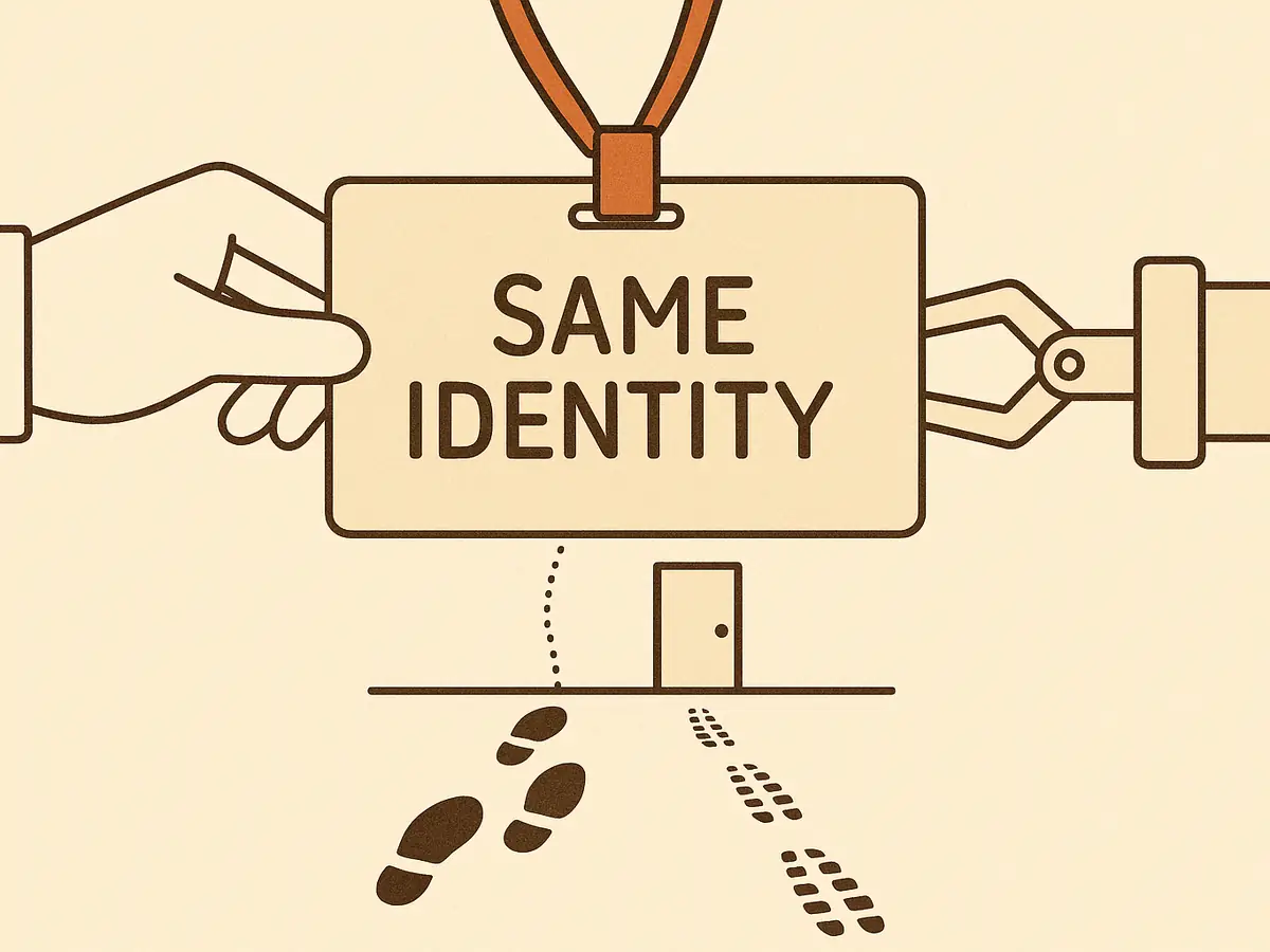 A large ID badge held by a human hand on one side and a mechanical gripper on the other. Beneath it, a trail of shoe prints and a trail of tread marks run side by side to the same door, joined by a dotted thread.